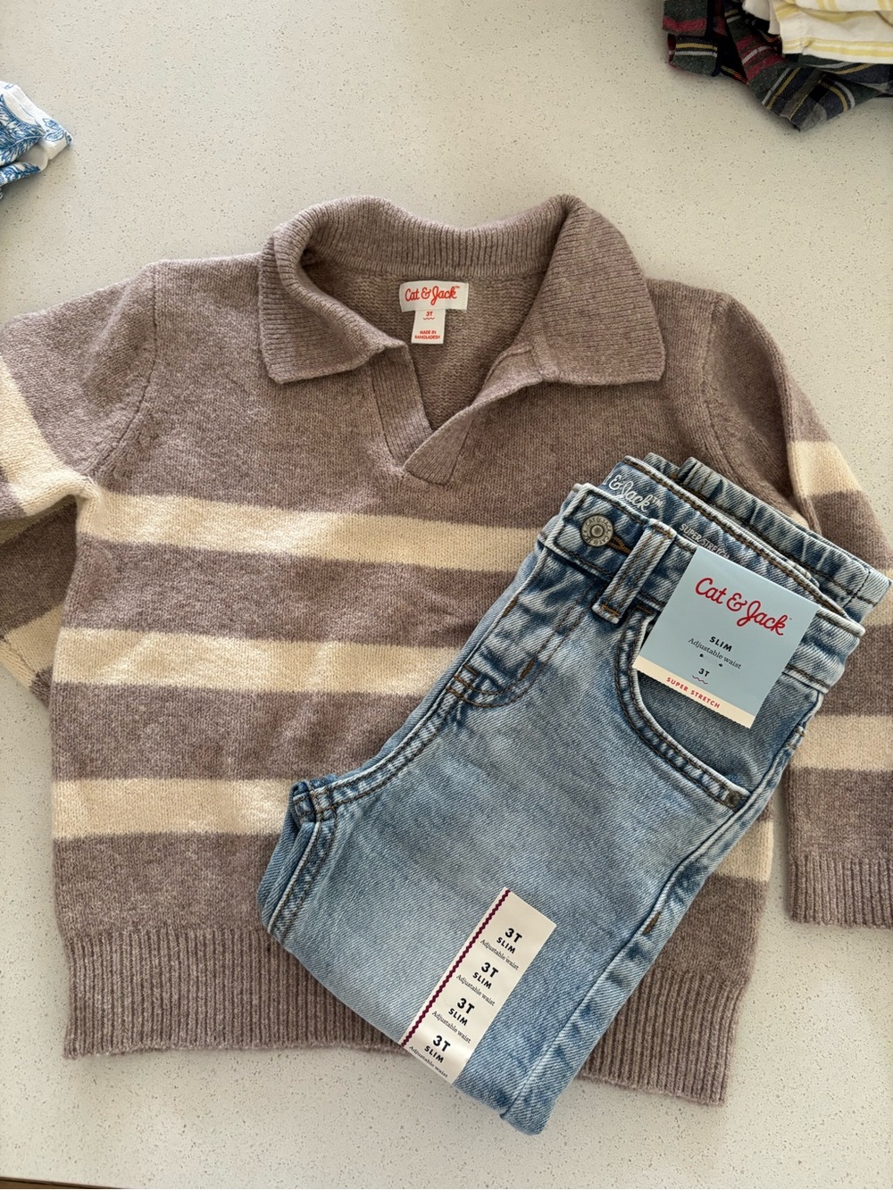 Cat & Jack Taupe and Cream Striped Polo Sweater